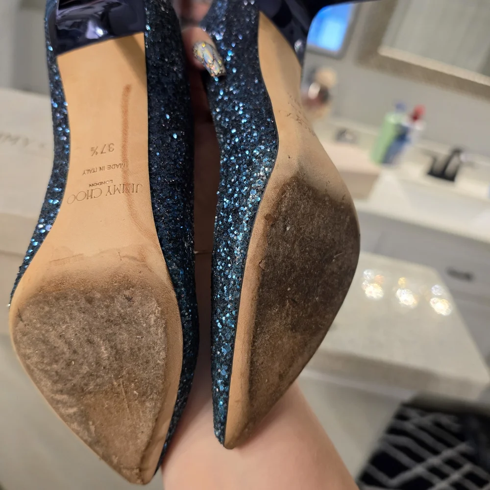 Jimmy Choo Blue Glitter Pointed Toe Pumps - Picture 3 of 5